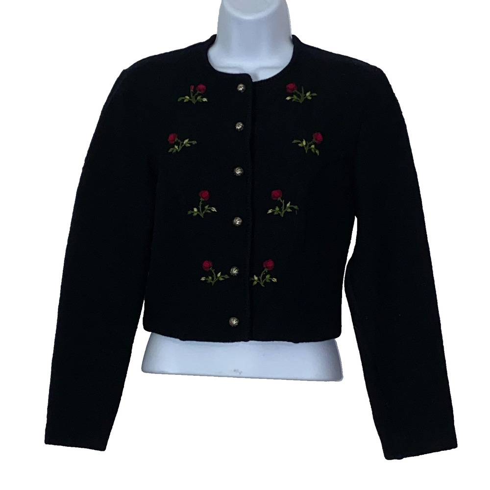 SALZBURGER Sweater Women Size S Black Austria Embroidered Roses Vintage Jacket